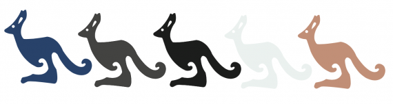 Illustrasjon av fem kenguruer som står rekke på rad. Fargen på kenguruene er blå, grå, svart, grå og oransje