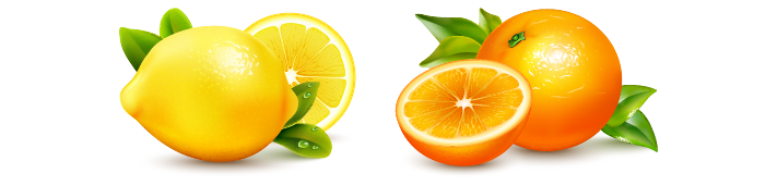 Illustrasjon av appelsiner og sitroner. 