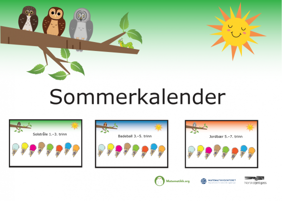 Illustrasjosbilde av ugler som sitter på en gren og reklame for sommerkalender