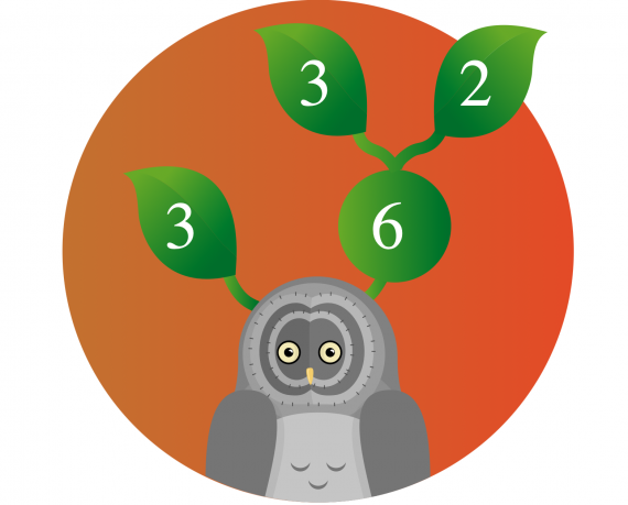 Illustrasjon av grå ugle på oransje bakgrunn med grønne blader med tall på over hodet.