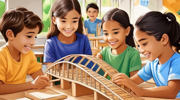barn i et klasserom bygger en bromodell av tre og papp