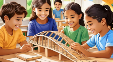 barn i et klasserom bygger en bromodell av tre og papp